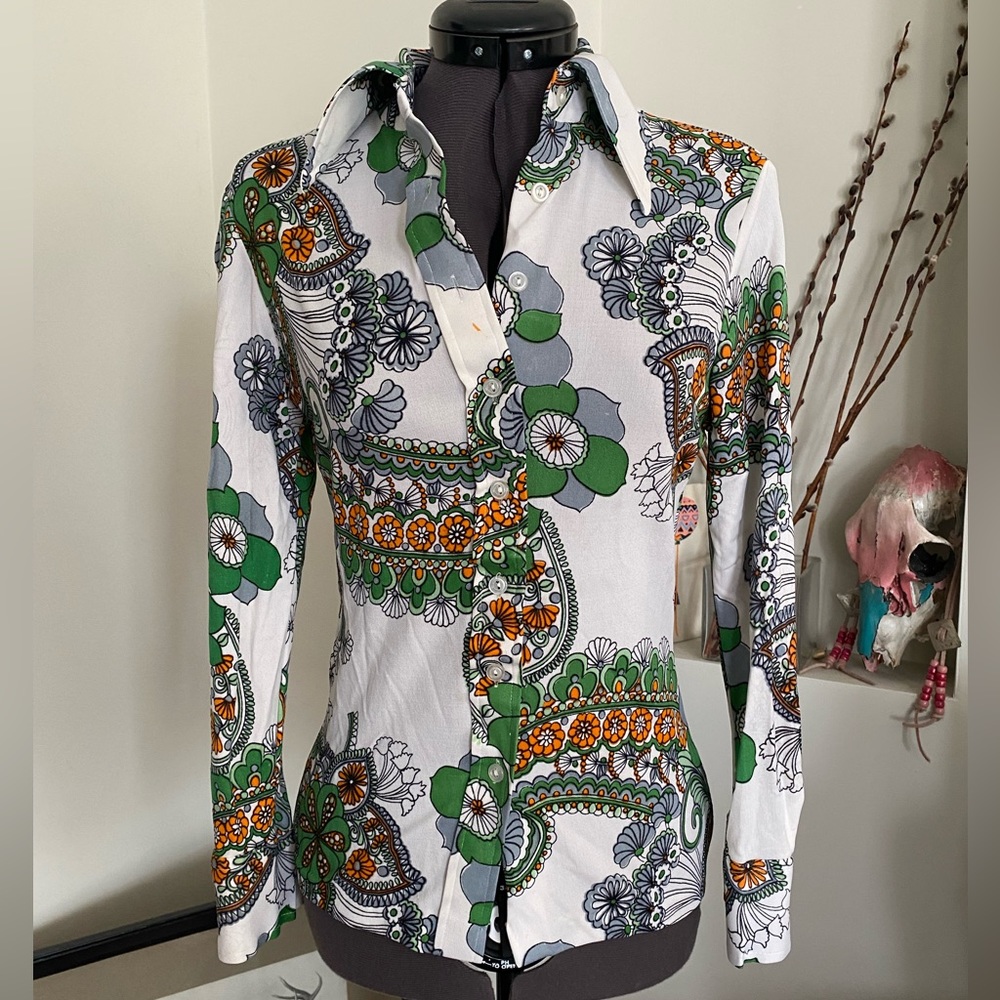 VTG 70’s paisley polyester button down,XS/S